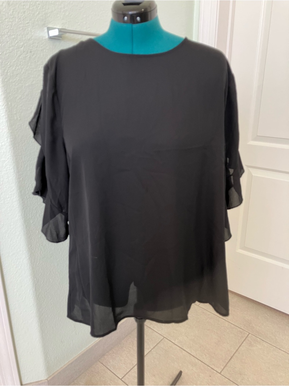 Chiffon Ruffle Sleeve Blouse - Black XXL